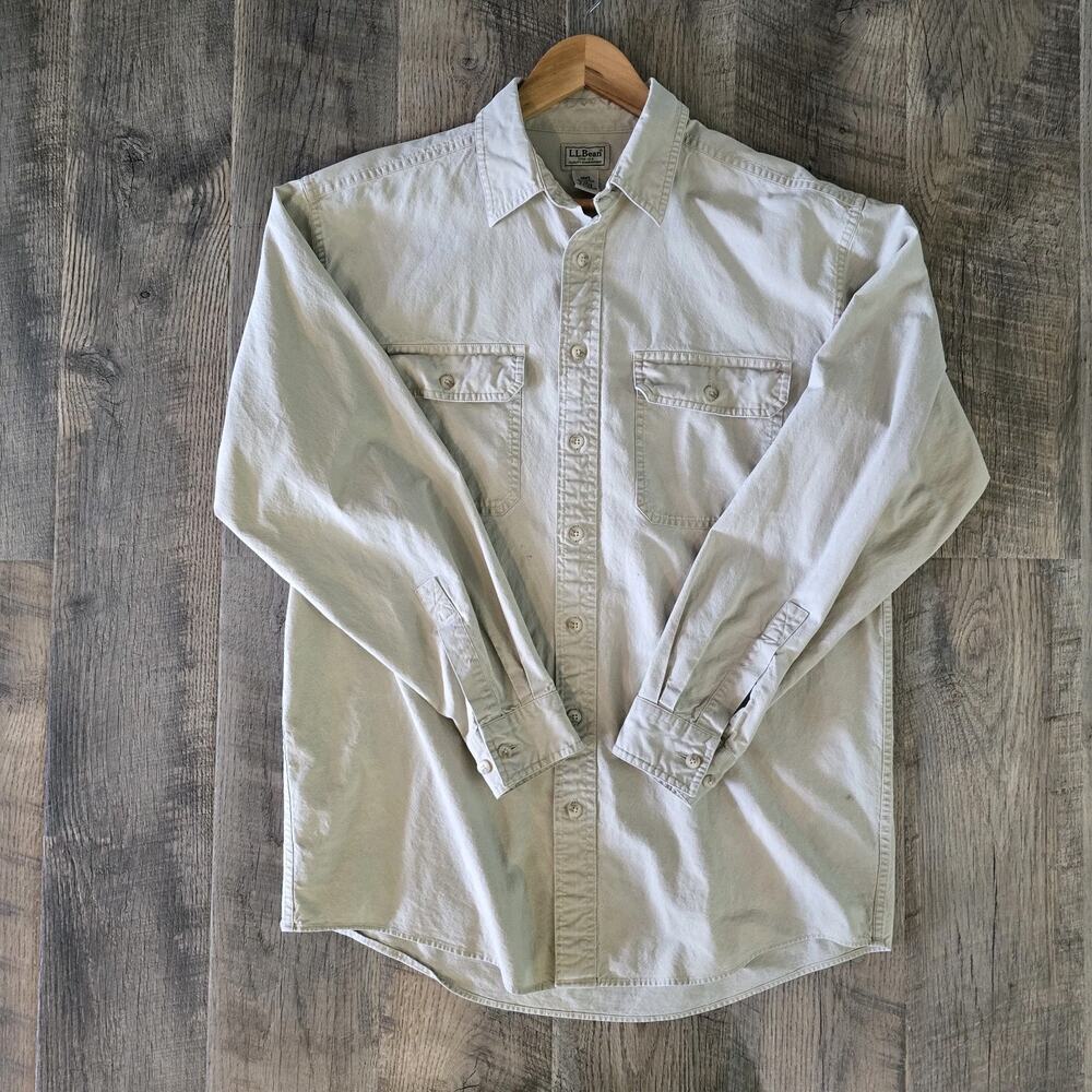 L.L.Bean Men's M Tall Khaki Chamois Cloth Button Front Shirt Cotton Work Outdoor - Picture 4 of 7